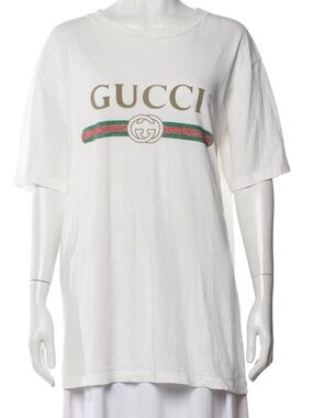 Gucci unisex White Kids Logo Tee with Green-Red Stripe-size  M run big fit M-L